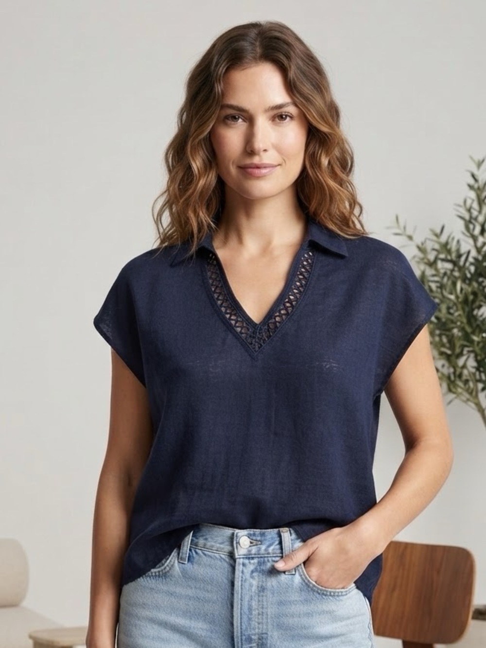 Calypso St. Barth Navy Short Sleeve V-Neck Top with Lattice Trim
